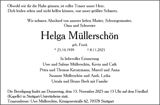 Traueranzeige von Helga Müllerschön von Stuttgarter Zeitung / Stuttgarter Nachrichten