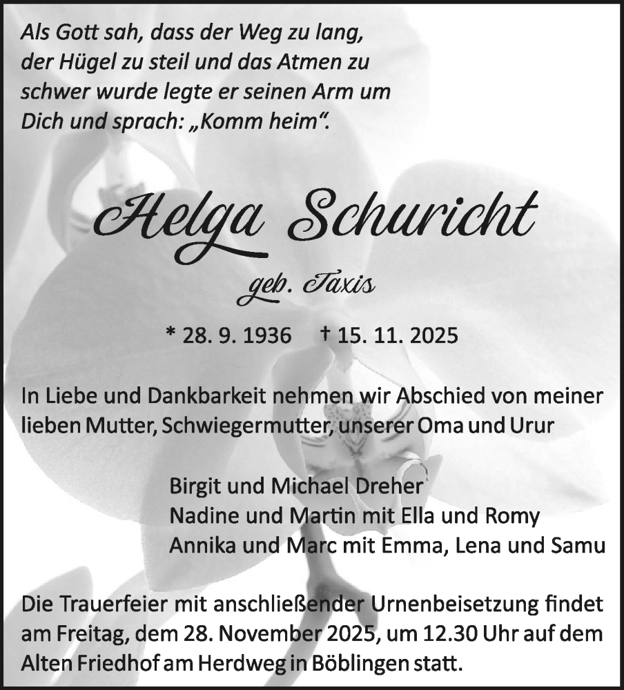  Traueranzeige für Helga Schuricht vom 24.11.2025 aus Kreiszeitung Böblinger Bote