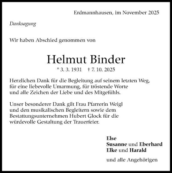 Traueranzeige von Helmut Binder von Marbacher Zeitung