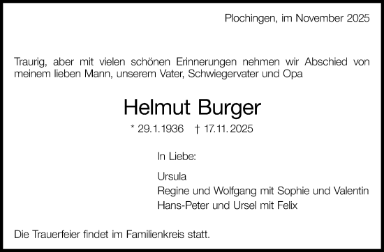 Traueranzeige von Helmut Burger von Eßlinger Zeitung