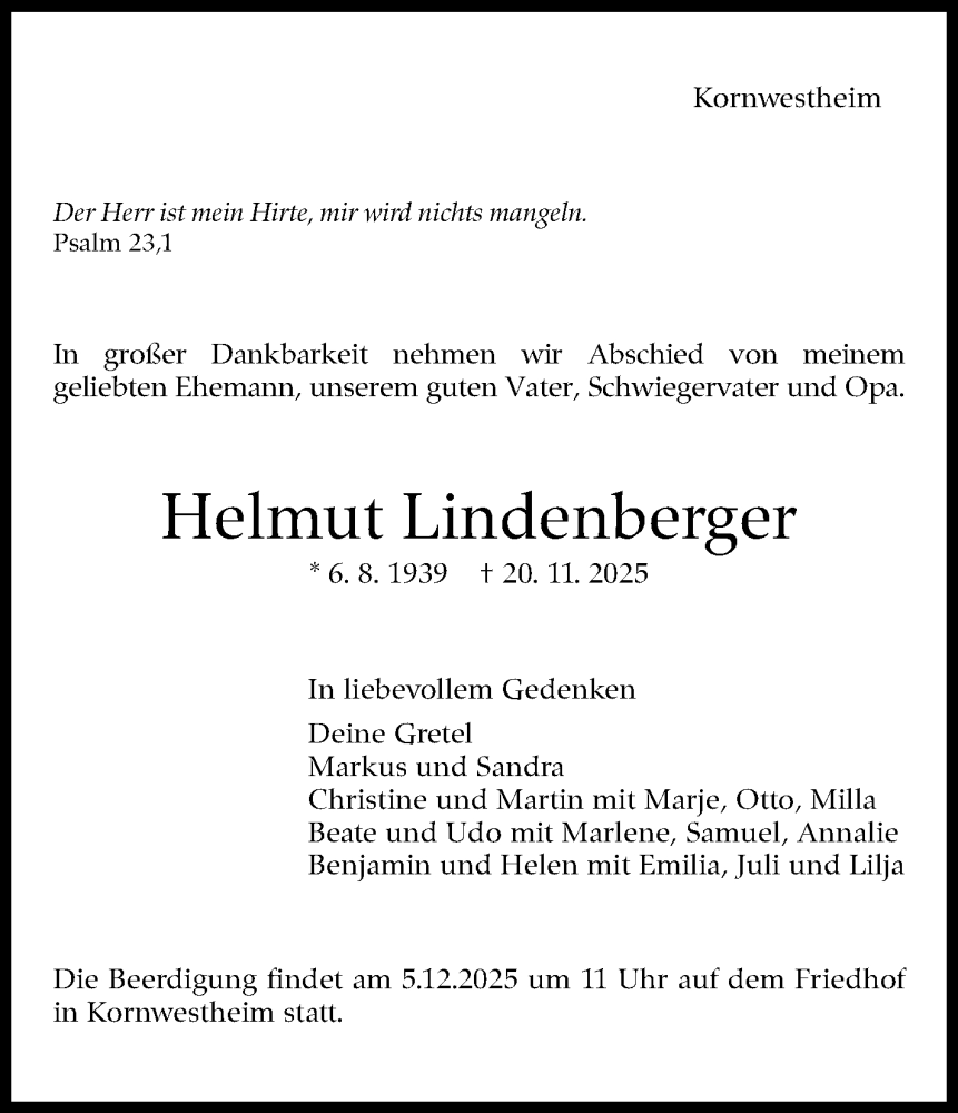  Traueranzeige für Helmut Lindenberger vom 28.11.2025 aus Marbacher Zeitung