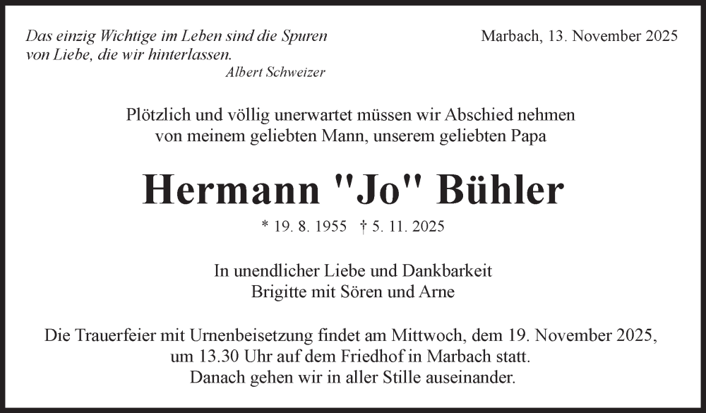  Traueranzeige für Hermann Bühler vom 13.11.2025 aus Marbacher Zeitung