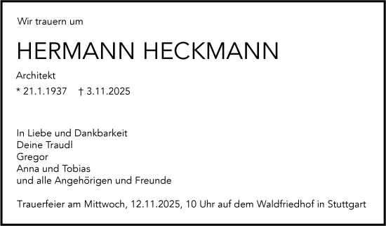 Traueranzeige von Hermann Heckmann von Stuttgarter Zeitung / Stuttgarter Nachrichten
