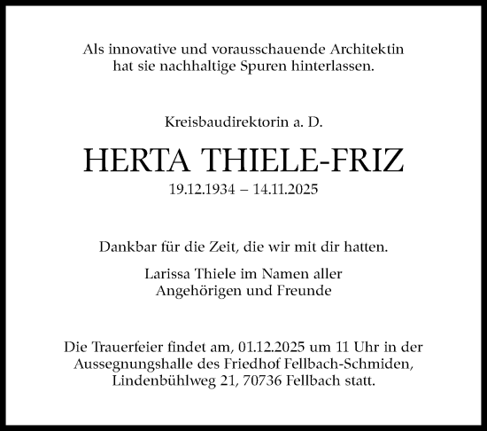 Traueranzeige von Herta Thiele-Friz von Stuttgarter Zeitung / Stuttgarter Nachrichten