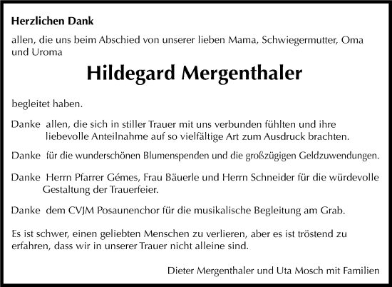 Traueranzeige von Hildegard Mergenthaler von Stuttgarter Zeitung / Stuttgarter Nachrichten