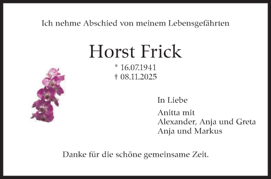 Traueranzeige von Horst Frick von Stuttgarter Zeitung / Stuttgarter Nachrichten