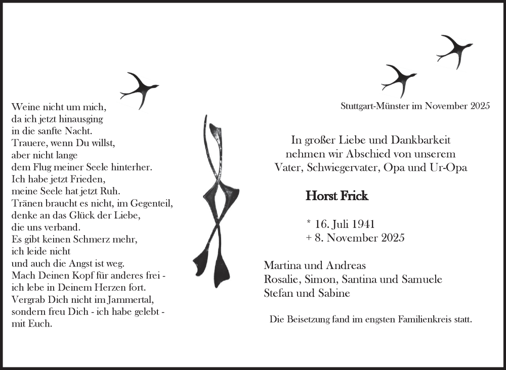  Traueranzeige für Horst Frick vom 22.11.2025 aus Stuttgarter Zeitung / Stuttgarter Nachrichten