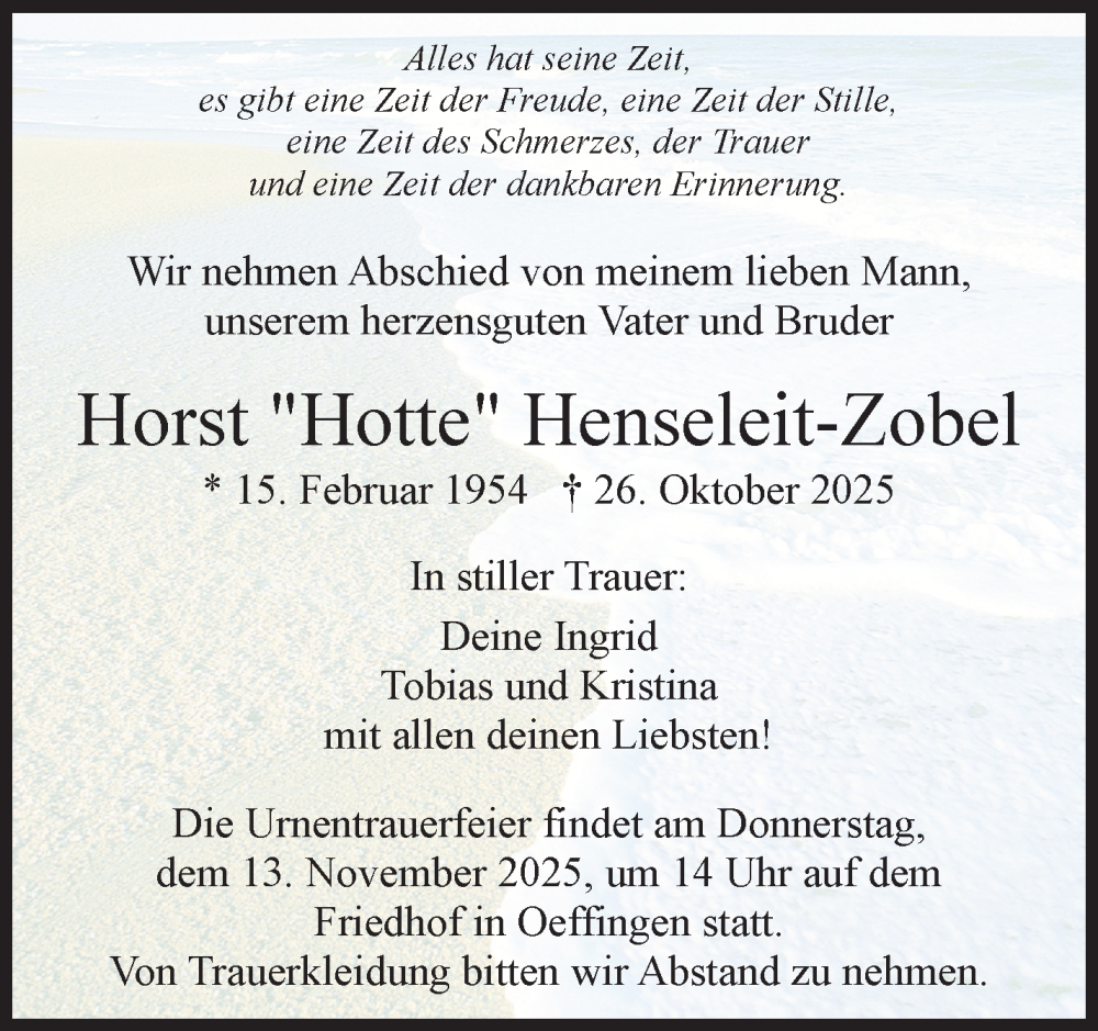  Traueranzeige für Horst Henseleit-Zobel vom 07.11.2025 aus Stuttgarter Zeitung / Stuttgarter Nachrichten