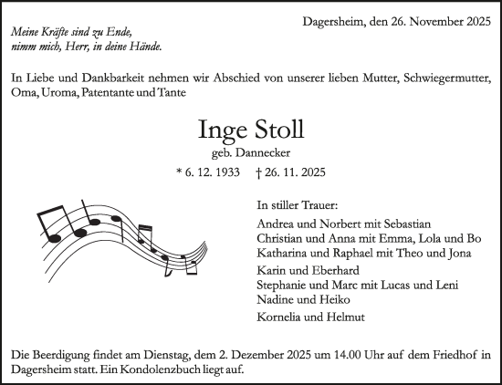 Traueranzeige von Inge Stoll von Kreiszeitung Böblinger Bote