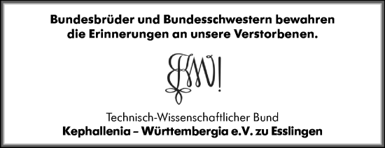 Traueranzeige von In Gedenken an Bundesbrüder und Schwestern d. Kephallenia-Württembergia e.V. zu Esslingen von Eßlinger Zeitung