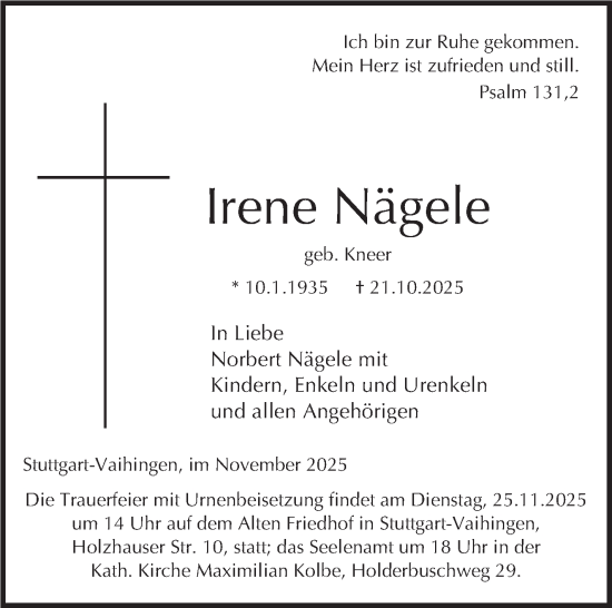 Traueranzeige von Irene Nägele von Stuttgarter Zeitung / Stuttgarter Nachrichten
