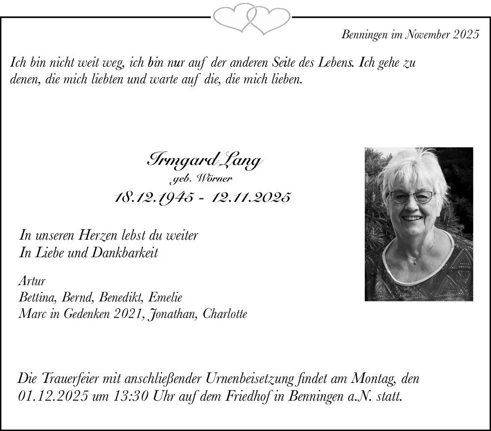  Traueranzeige für Irmgard Lang vom 27.11.2025 aus Marbacher Zeitung