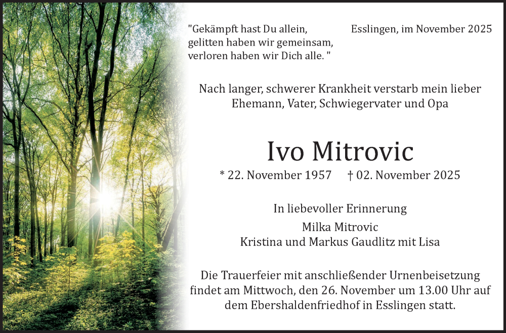  Traueranzeige für Ivo Mitrovic vom 21.11.2025 aus Eßlinger Zeitung