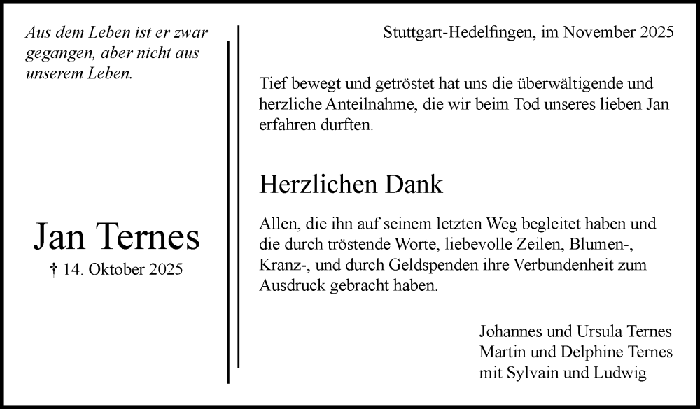  Traueranzeige für Jan Ternes vom 15.11.2025 aus Stuttgarter Zeitung / Stuttgarter Nachrichten