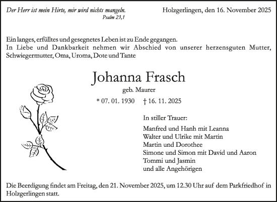 Traueranzeige von Johanna Frasch von Kreiszeitung Böblinger Bote