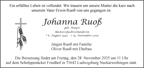 Traueranzeige von Johanna Ruoß von Stuttgarter Zeitung / Stuttgarter Nachrichten