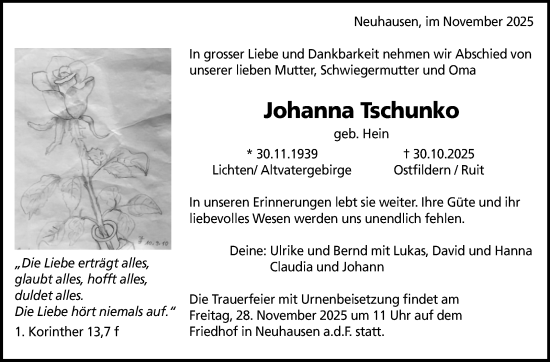 Traueranzeige von Johanna Tschunko von Eßlinger Zeitung