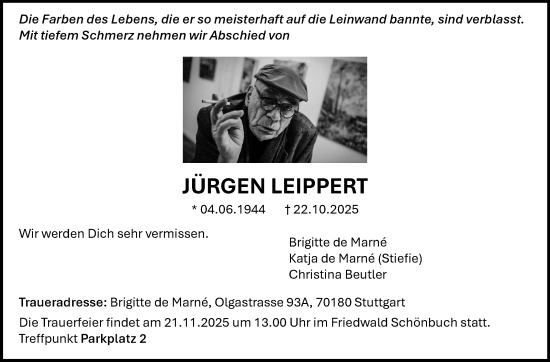 Traueranzeige von Jürgen Leippert von Stuttgarter Zeitung / Stuttgarter Nachrichten