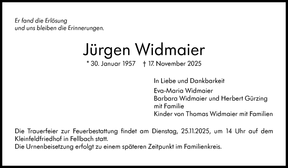  Traueranzeige für Jürgen Widmaier vom 21.11.2025 aus Stuttgarter Zeitung / Stuttgarter Nachrichten
