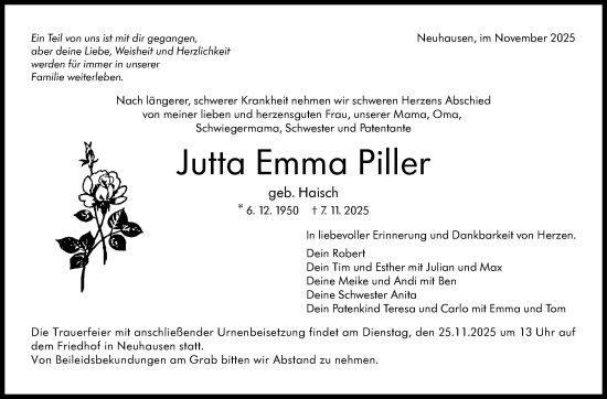 Traueranzeige von Jutta Emma Piller von Eßlinger Zeitung