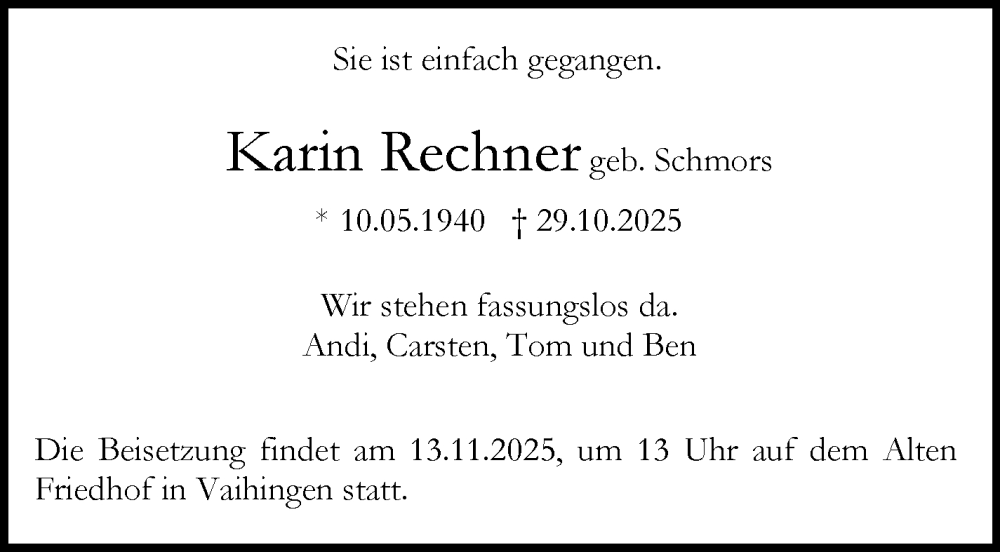  Traueranzeige für Karin Rechner vom 08.11.2025 aus Stuttgarter Zeitung / Stuttgarter Nachrichten