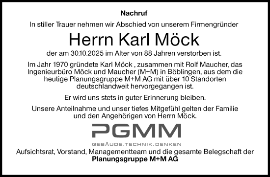 Traueranzeige von Karl Möck von Kreiszeitung Böblinger Bote
