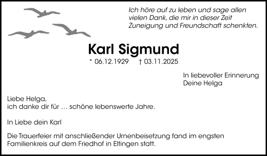 Traueranzeige von Karl Sigmund von Leonberger Kreiszeitung / Strohgäu Extra
