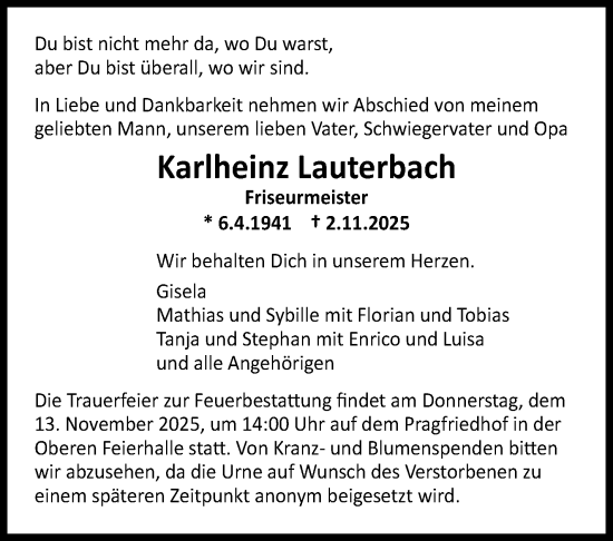 Traueranzeige von Karlheinz Lauterbach von Stuttgarter Zeitung / Stuttgarter Nachrichten