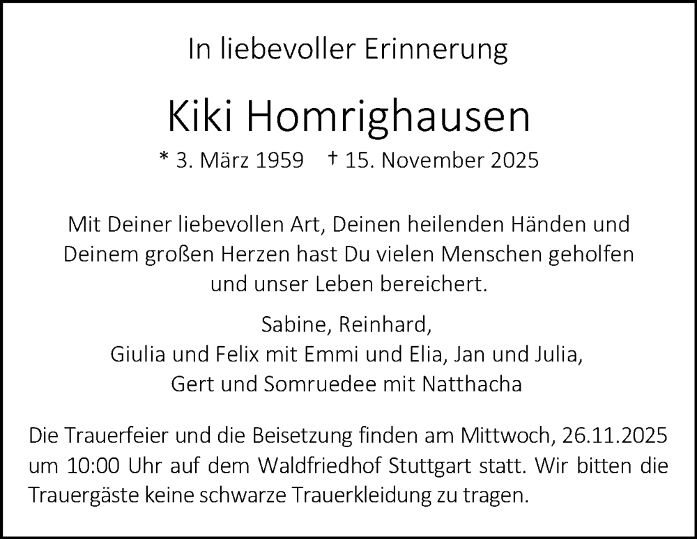  Traueranzeige für Kiki Homrighausen vom 22.11.2025 aus Stuttgarter Zeitung / Stuttgarter Nachrichten