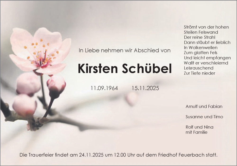  Traueranzeige für Kirsten Schübel vom 22.11.2025 aus Stuttgarter Zeitung / Stuttgarter Nachrichten