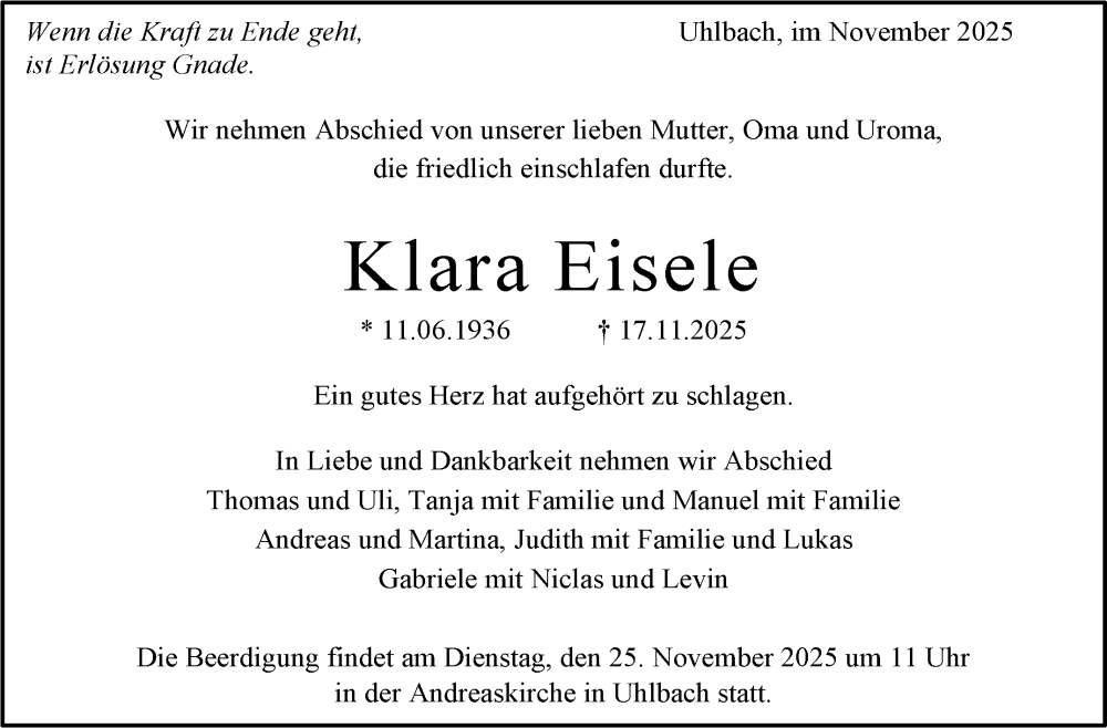  Traueranzeige für Klara Eisele vom 22.11.2025 aus Stuttgarter Zeitung / Stuttgarter Nachrichten