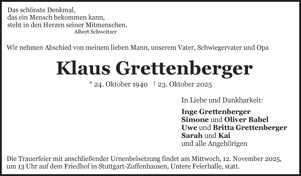  Traueranzeige für Klaus Grettenberger vom 06.11.2025 aus Stuttgarter Zeitung / Stuttgarter Nachrichten