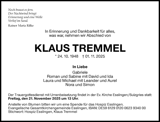 Traueranzeige von Klaus Tremmel von Eßlinger Zeitung