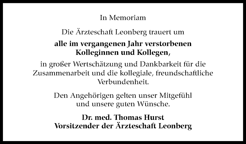  Traueranzeige für Kolleginnen und Kollegen  vom 15.11.2025 aus Leonberger Kreiszeitung / Strohgäu Extra
