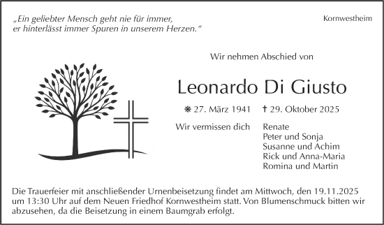 Traueranzeige von Leonardo Di Giusto von Marbacher Zeitung