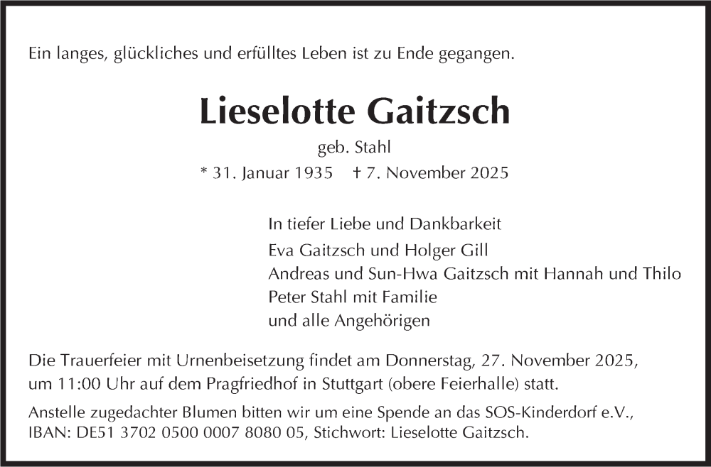  Traueranzeige für Lieselotte Gaitzsch vom 15.11.2025 aus Stuttgarter Zeitung / Stuttgarter Nachrichten