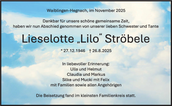 Traueranzeige von Lieselotte Ströbele von Stuttgarter Zeitung / Stuttgarter Nachrichten