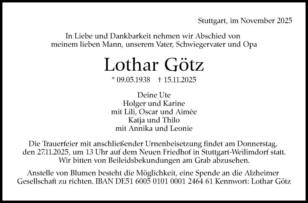 Traueranzeige für Lothar Götz vom 22.11.2025 aus Stuttgarter Zeitung / Stuttgarter Nachrichten