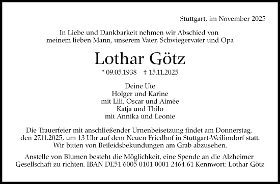 Traueranzeige von Lothar Götz von Stuttgarter Zeitung / Stuttgarter Nachrichten