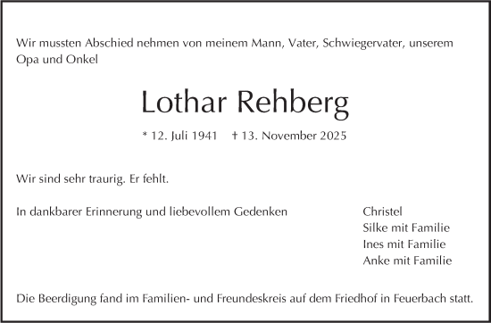 Traueranzeige von Lothar Rehberg von Stuttgarter Zeitung / Stuttgarter Nachrichten