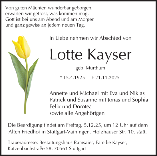 Traueranzeige von Lotte Kayser von Stuttgarter Zeitung / Stuttgarter Nachrichten