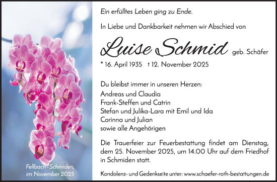 Traueranzeige von Luise Schmid von Stuttgarter Zeitung / Stuttgarter Nachrichten