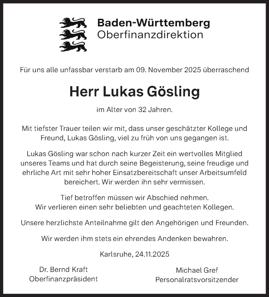  Traueranzeige für Lukas Gösling vom 29.11.2025 aus Stuttgarter Zeitung / Stuttgarter Nachrichten