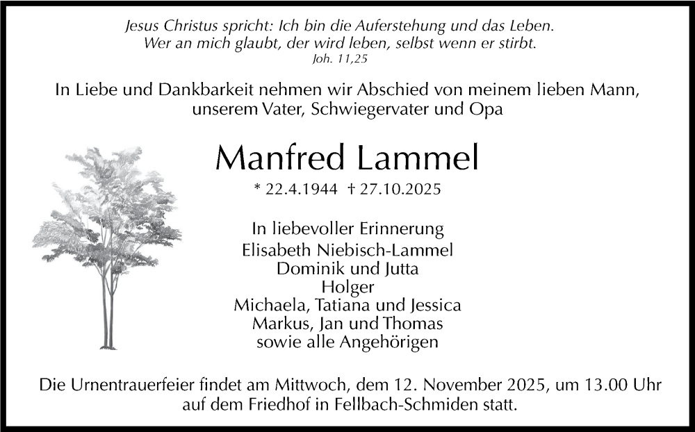  Traueranzeige für Manfred Lammel vom 07.11.2025 aus Stuttgarter Zeitung / Stuttgarter Nachrichten