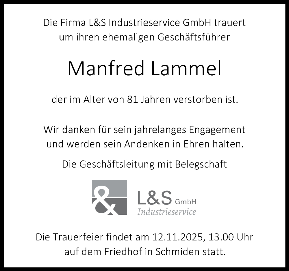  Traueranzeige für Manfred Lammel vom 07.11.2025 aus Stuttgarter Zeitung / Stuttgarter Nachrichten