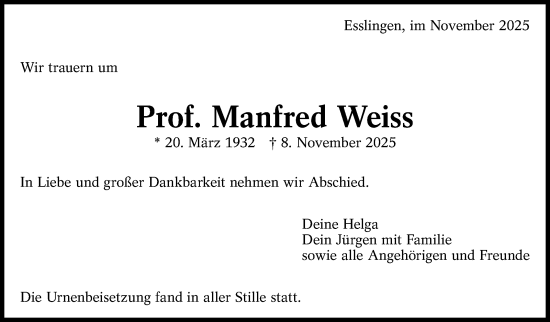 Traueranzeige von Manfred Weiß von Eßlinger Zeitung