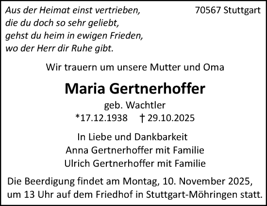 Traueranzeige von Maria Gertnerhoffer von Stuttgarter Zeitung / Stuttgarter Nachrichten