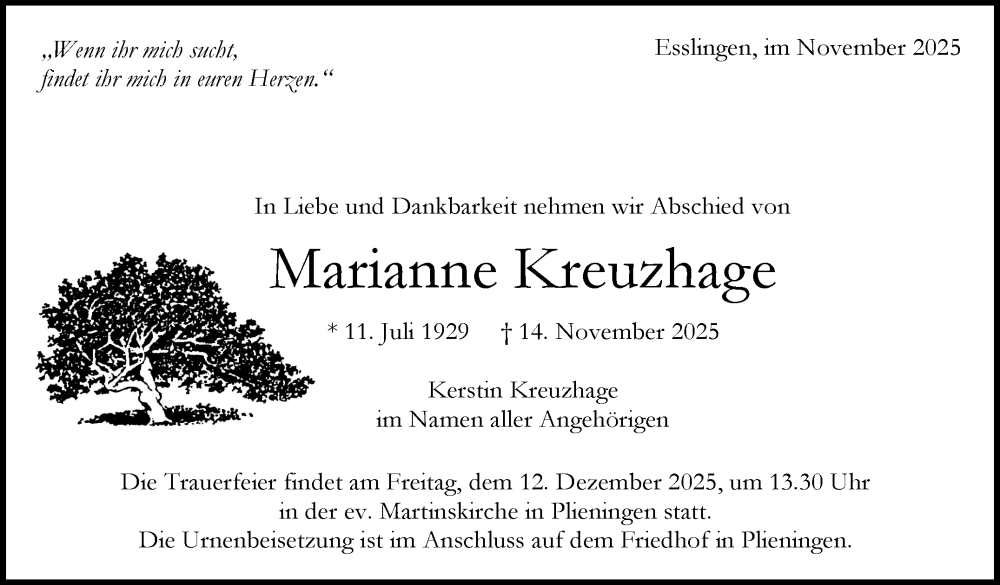  Traueranzeige für Marianne Kreuzhage vom 29.11.2025 aus Eßlinger Zeitung