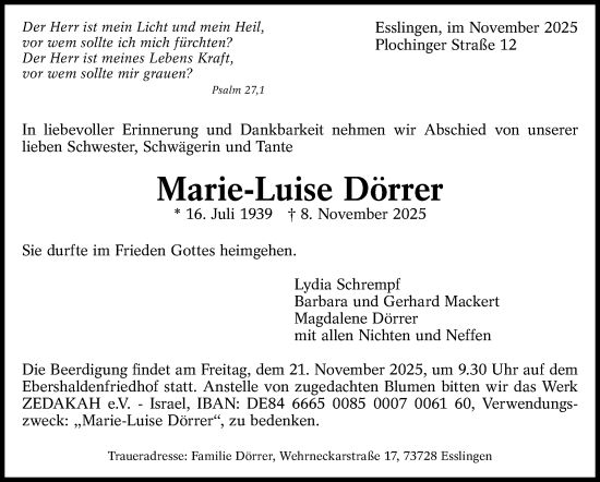Traueranzeige von Marie-Luise Dörrer von Eßlinger Zeitung