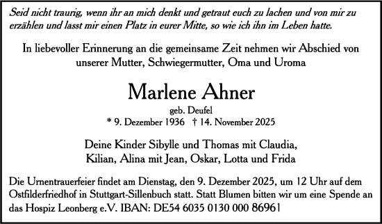 Traueranzeige von Marlene Ahner von Stuttgarter Zeitung / Stuttgarter Nachrichten